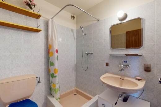 bad mit dusche, spiegel, waschbecken, und fliesenwand