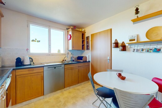 küche mit schranktüren mit vertiefter mittelplatte, natürliches licht, vinylboden, geschirrspülmaschine, und offene regale