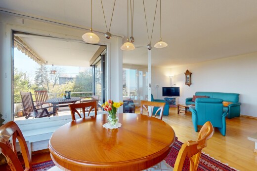 esszimmer mit holzfußboden, gipskartonwand, fernseher, und natürliches licht