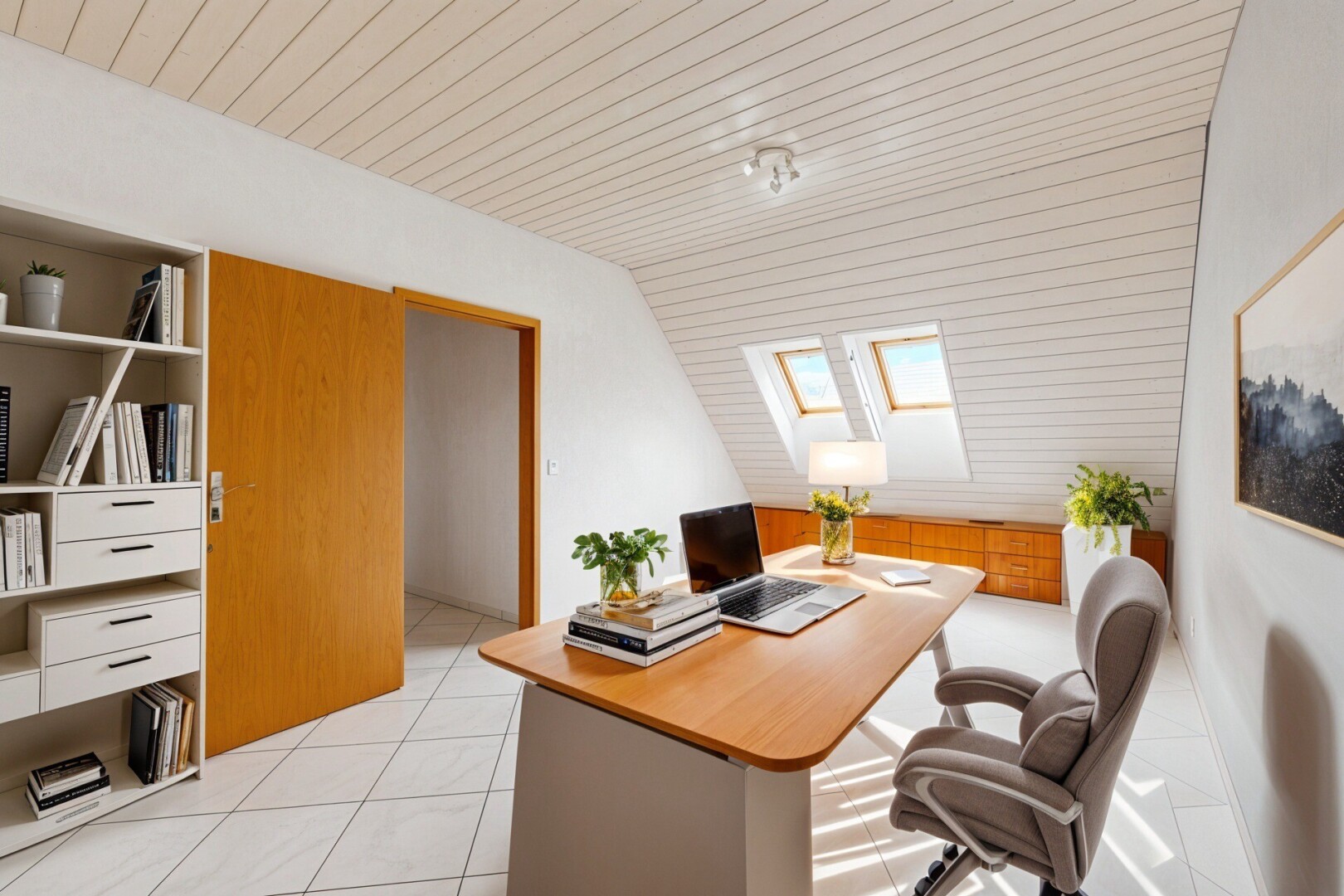 büro mit dachfenster, inside property, vaulted ceiling, dachschräge, und zusätzliches zimmer