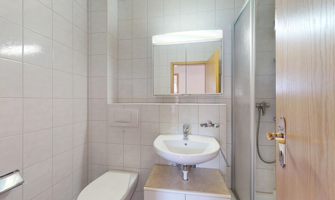 bad mit waschbecken, fliesenwand, tile wall, toilette, und dusche