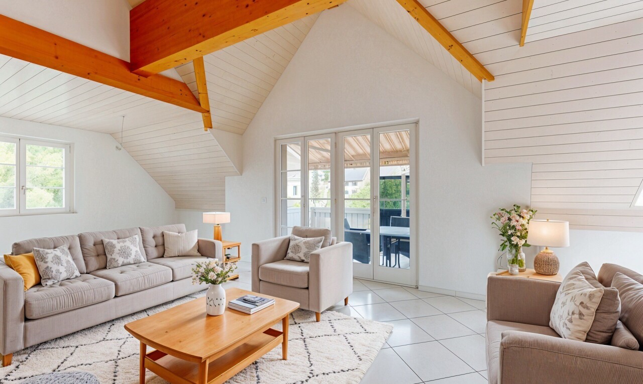 wohnzimmer mit beamed ceiling, balkendecke, inside property, tile floor, und fliesenboden