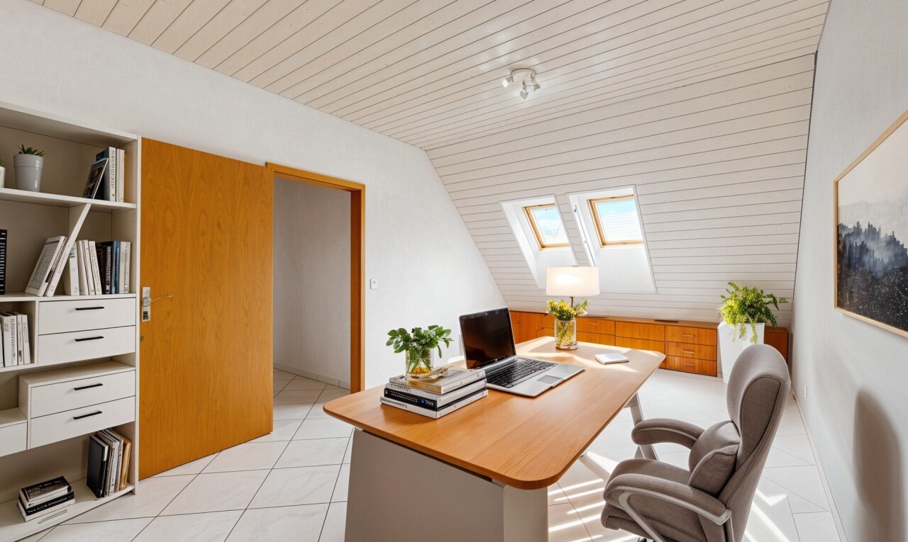 büro mit dachfenster, inside property, vaulted ceiling, dachschräge, und zusätzliches zimmer