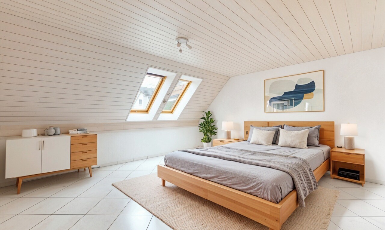 zimmer / schlafzimmer mit dachfenster, zusätzliches zimmer, natural light, natürliches licht, und wood ceiling