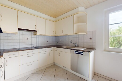 küche mit geschirrspülmaschine, cremefarbene schränke, natürliches licht, natural light, und herd