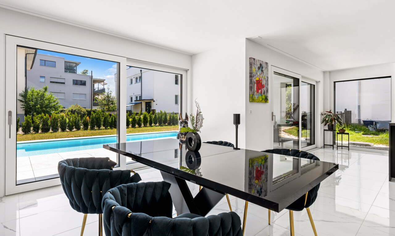 dining room with light marble finish flooring