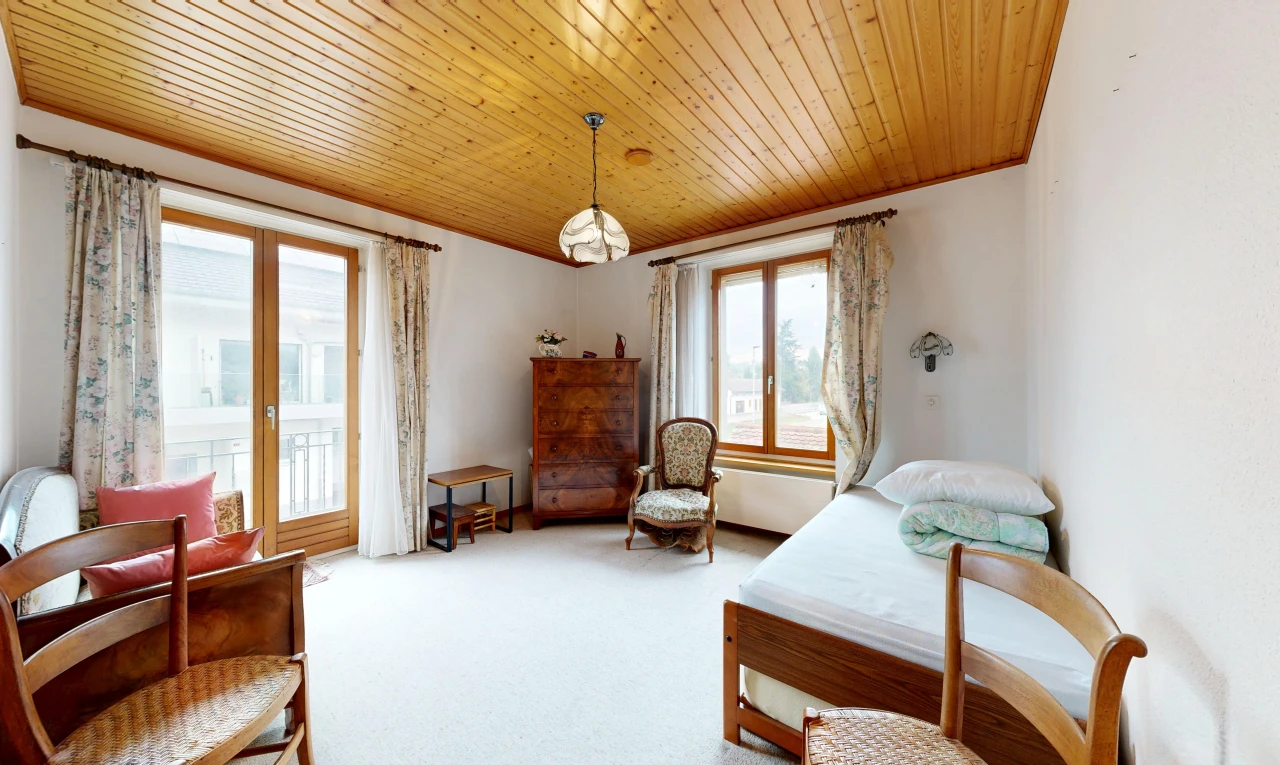 room / bedroom with wooden ceiling, light carpet, access to outside, and hanging light fixtures