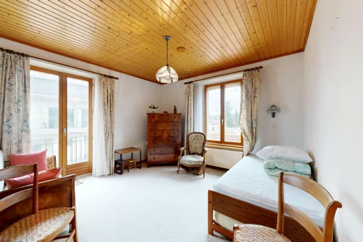 room / bedroom with wooden ceiling, light carpet, access to outside, and hanging light fixtures