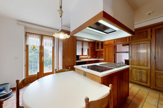 kitchen with island range hood, light countertops, wood finish cabinets, glass insert cabinets, and access to outside