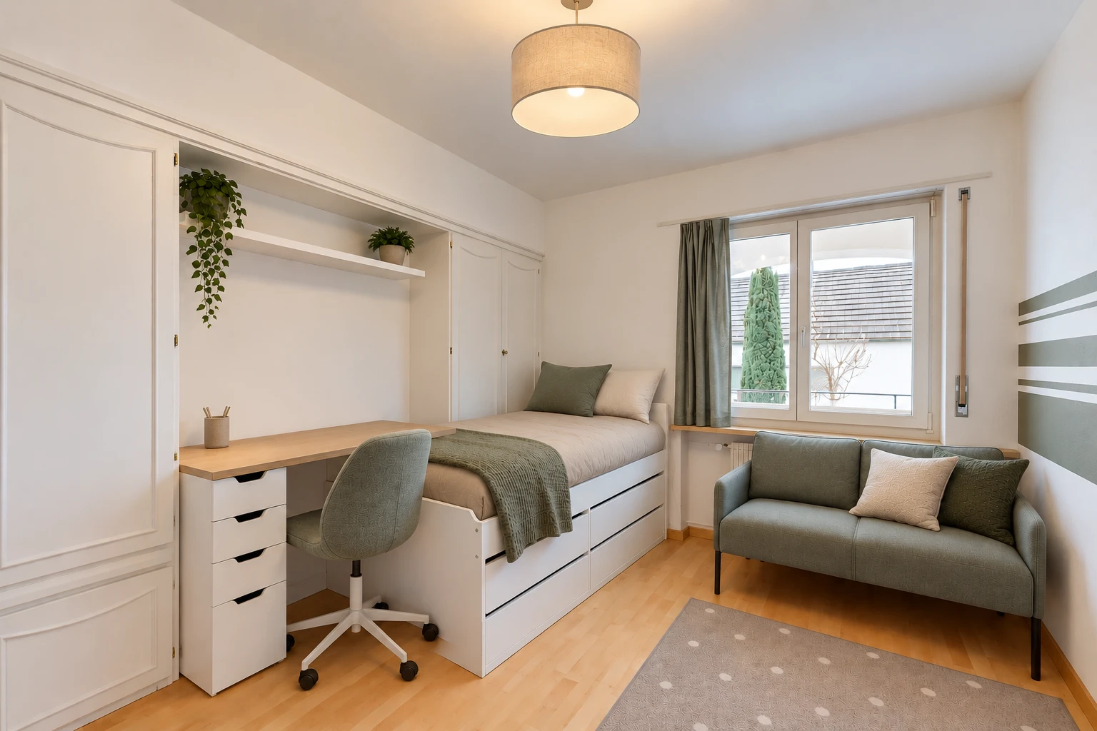 zimmer / schlafzimmer mit bürobereich, drywall, gipskartonwand, light floor, und wood finish floor