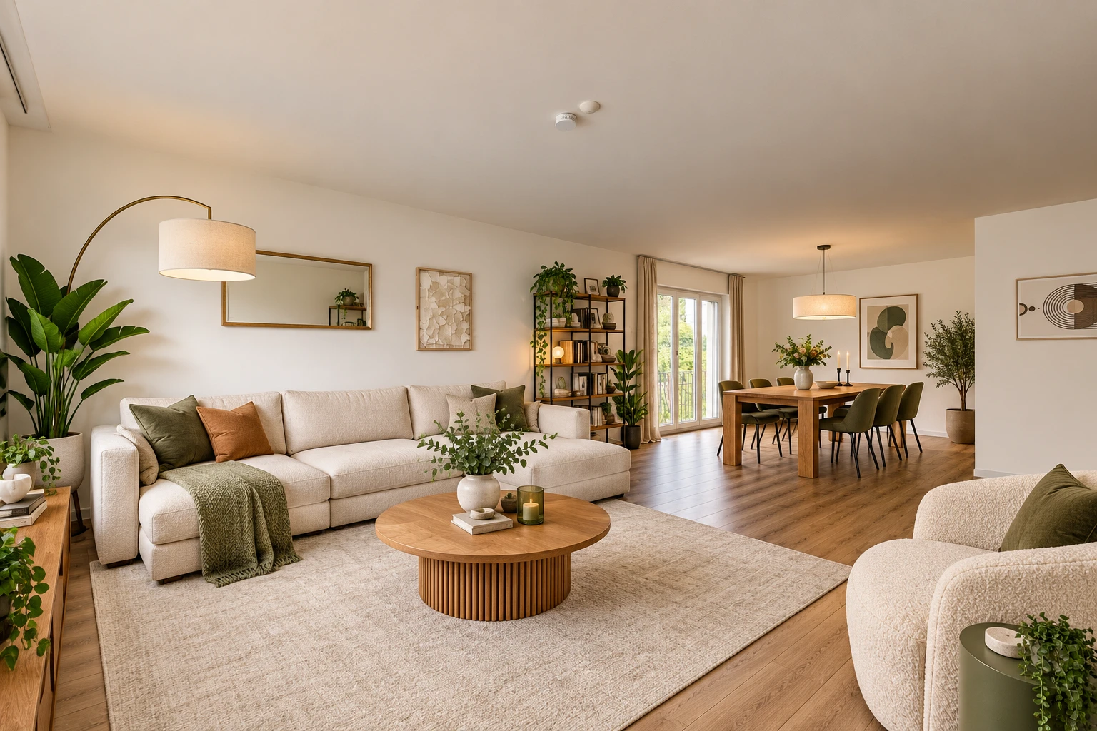 wohn- / esszimmer mit pendelleuchte, drywall, gipskartonwand, wood finish floor, und holzfußboden