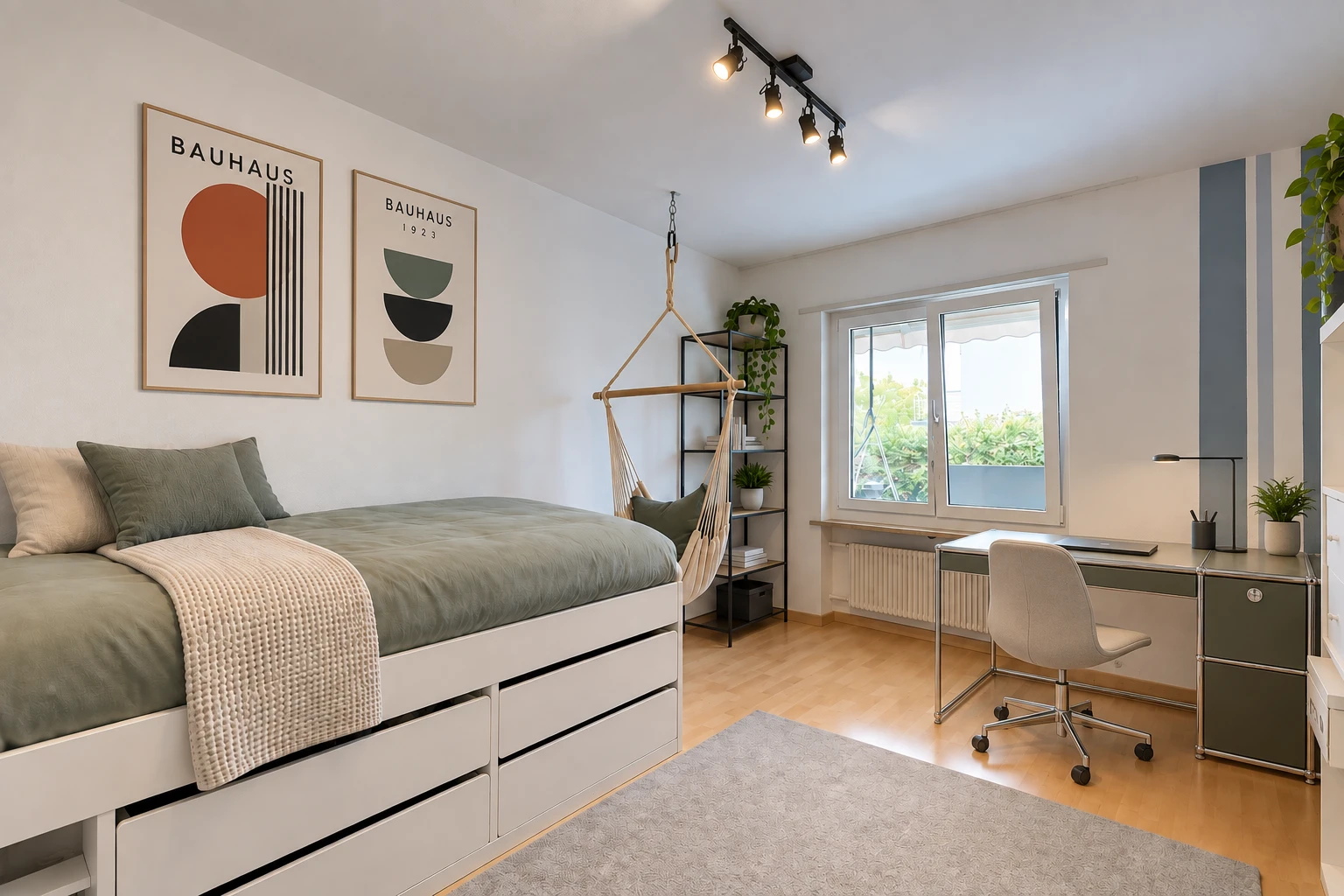zimmer / schlafzimmer mit deckenbeleuchtung, bürobereich, drywall, gipskartonwand, und kühler