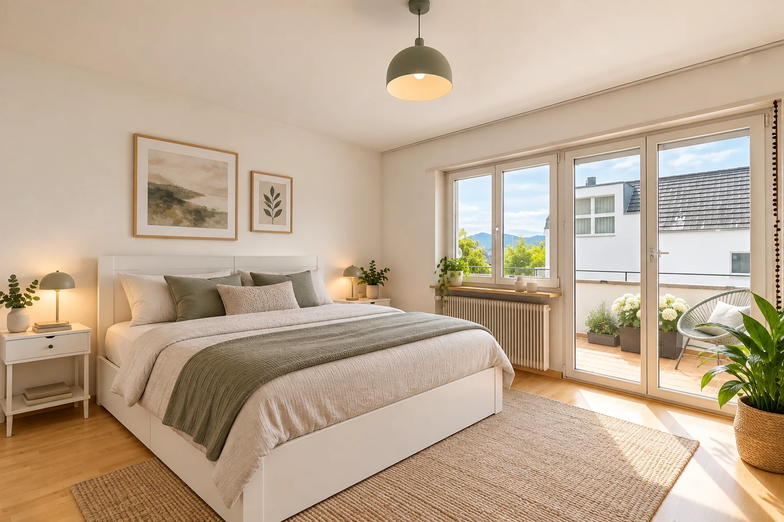 zimmer / schlafzimmer mit außenzugang, kühler, pendelleuchte, day time, und wood finish floor