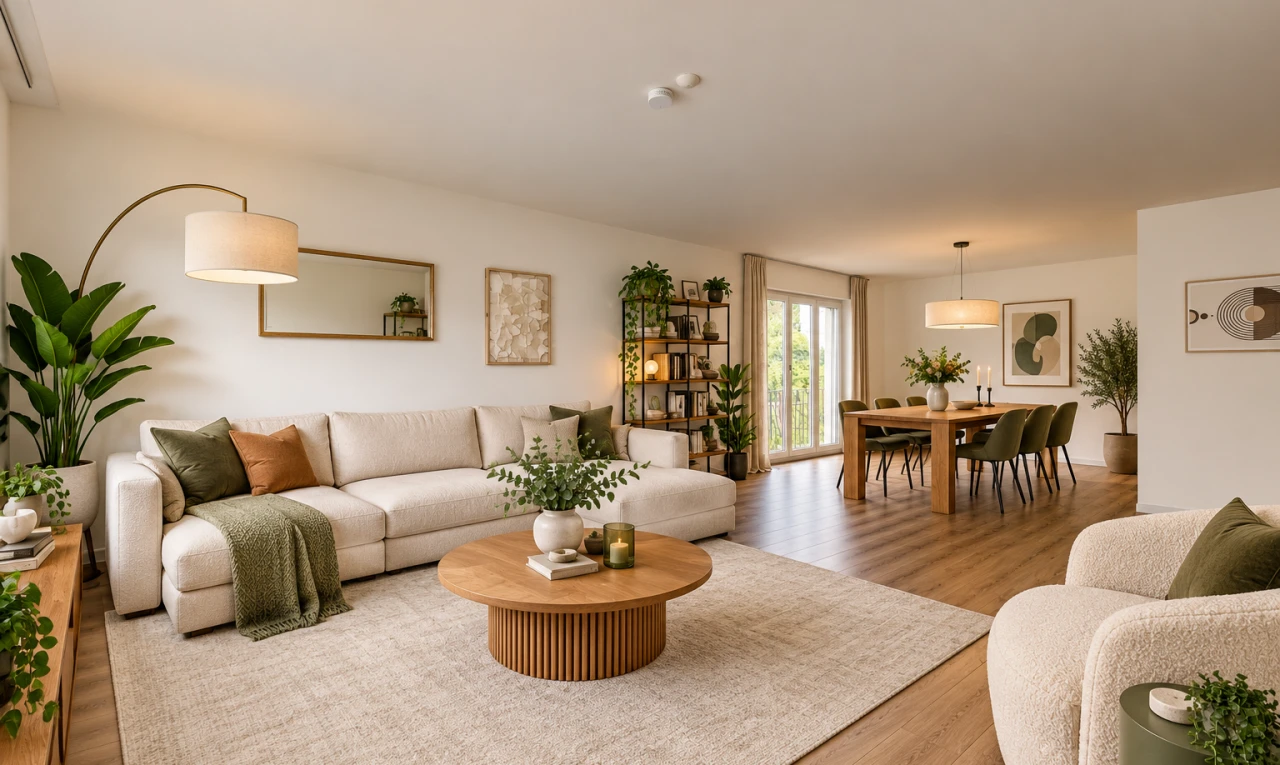 wohn- / esszimmer mit pendelleuchte, drywall, gipskartonwand, wood finish floor, und holzfußboden