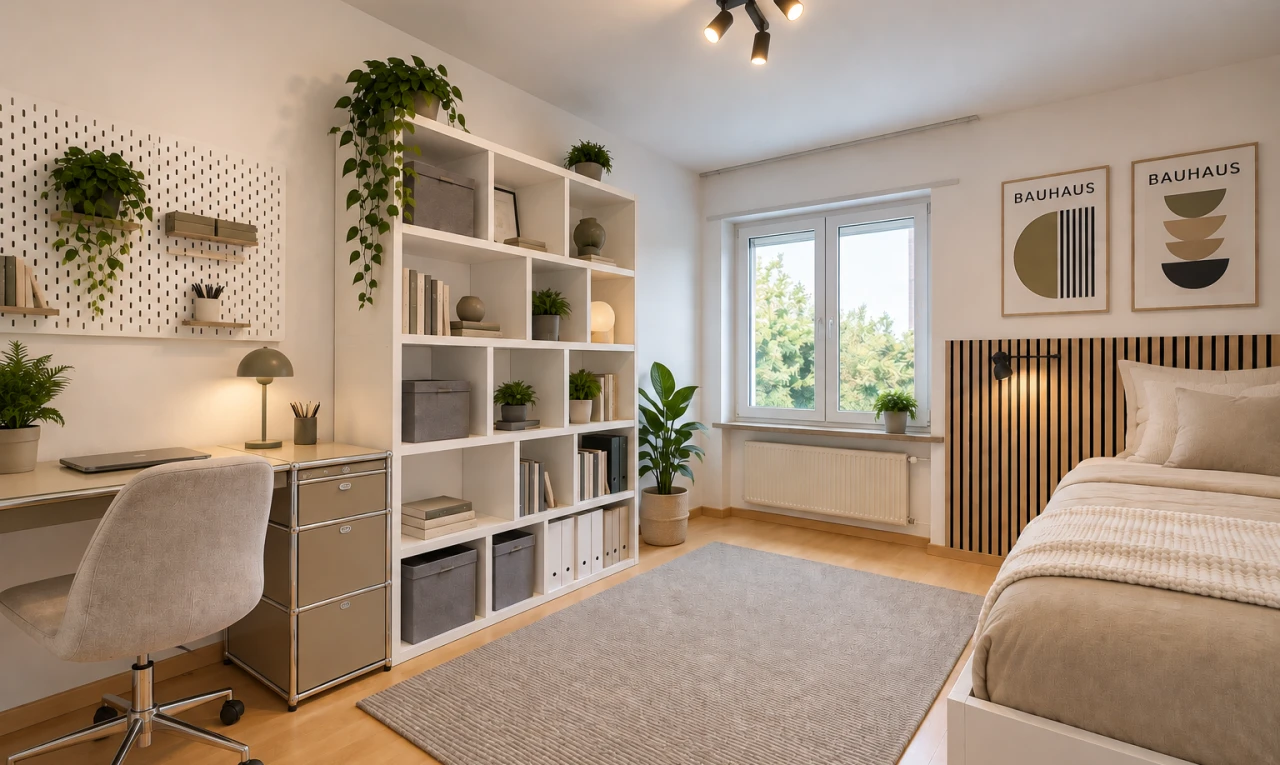 zimmer / schlafzimmer mit deckenbeleuchtung, kühler, bürobereich, gipskartonwand, und drywall