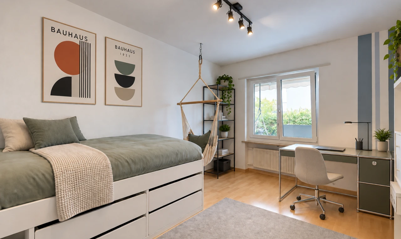 zimmer / schlafzimmer mit deckenbeleuchtung, bürobereich, drywall, gipskartonwand, und kühler