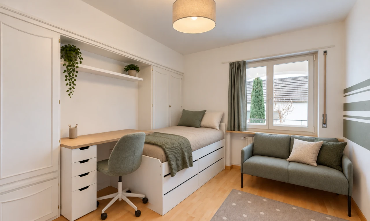 zimmer / schlafzimmer mit bürobereich, drywall, gipskartonwand, light floor, und wood finish floor