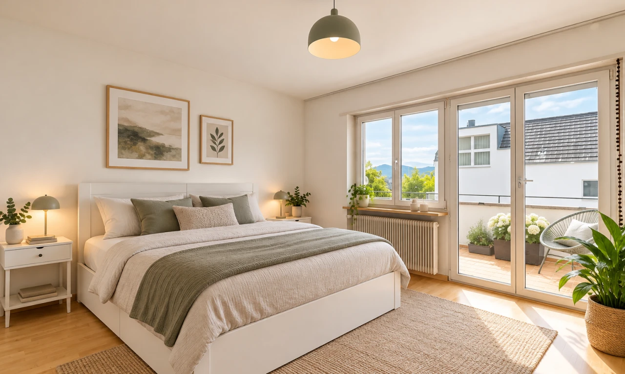 zimmer / schlafzimmer mit außenzugang, kühler, pendelleuchte, day time, und wood finish floor