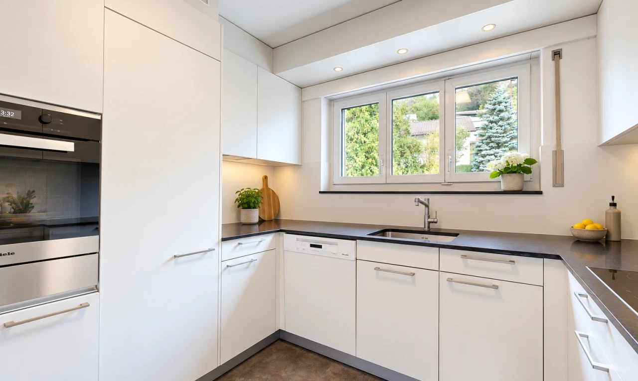 küche mit dark countertops, arbeitsplatten, ofen, waschbecken, und white cabinets