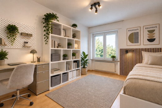 zimmer / schlafzimmer mit deckenbeleuchtung, kühler, bürobereich, gipskartonwand, und drywall