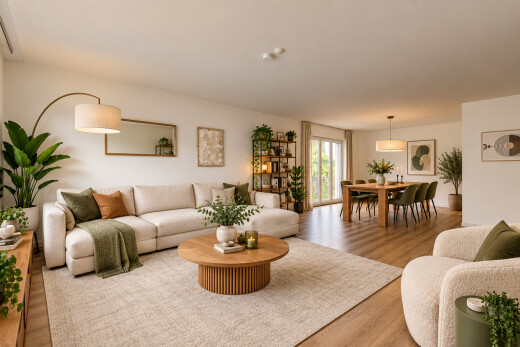 wohn- / esszimmer mit pendelleuchte, drywall, gipskartonwand, wood finish floor, und holzfußboden