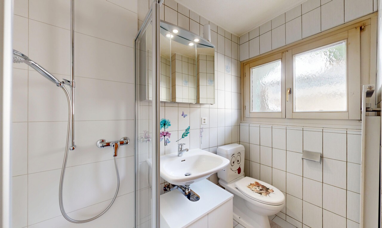 salle de bains avec miroir, tile wall, mur en carrelage, douche, et salle de bain complète