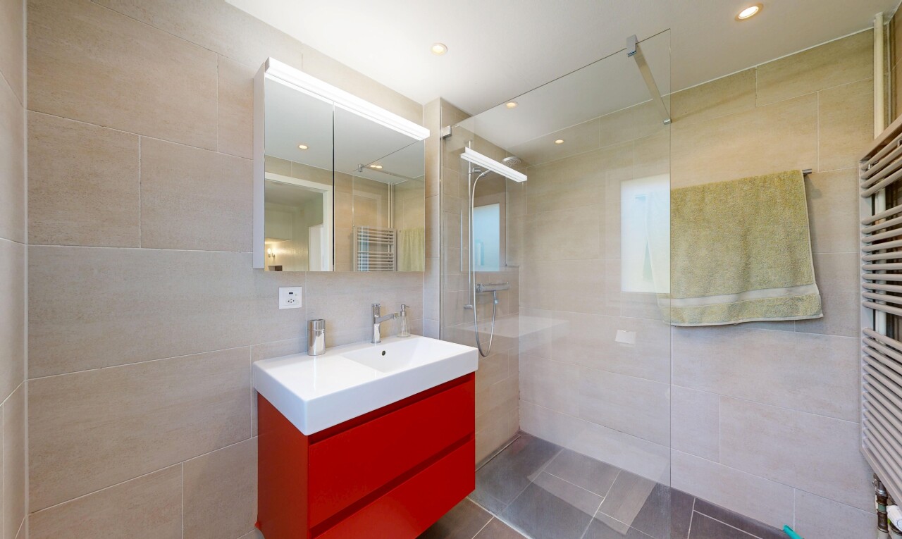 salle de bains avec douche, tile wall, mur en carrelage, miroir, et salle de bain complète