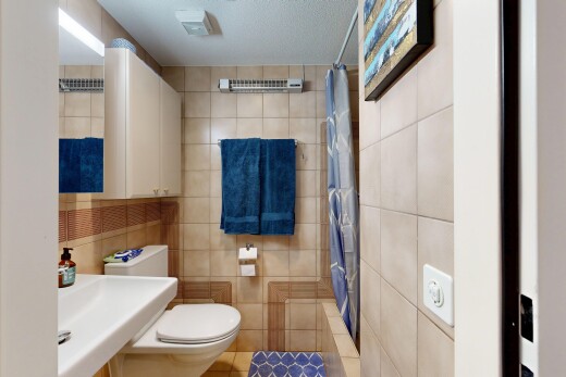 bad mit inside property, komplettes badezimmer, fliesenwand, tile wall, und toilette