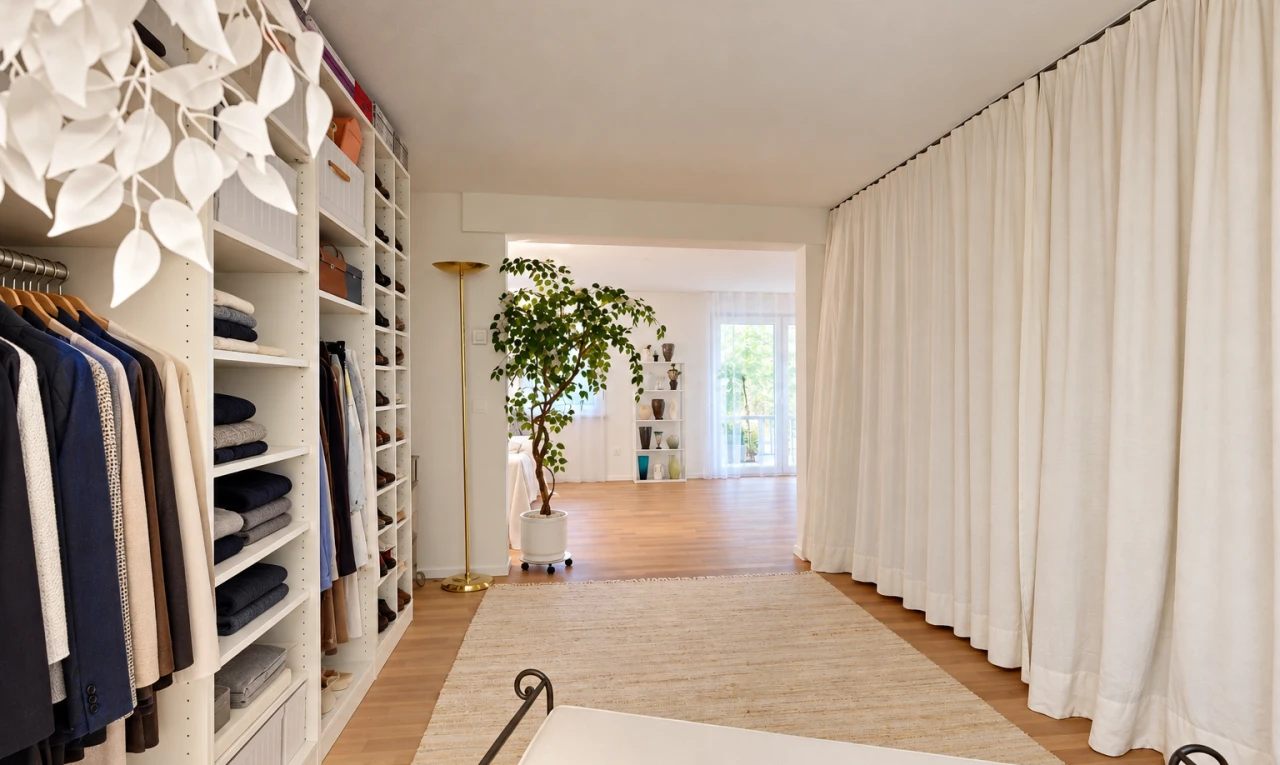 begehbarer kleiderschrank mit eingebaute regale, holzfußboden, wood finish floor, begehbarer kleiderschrank, und light floor