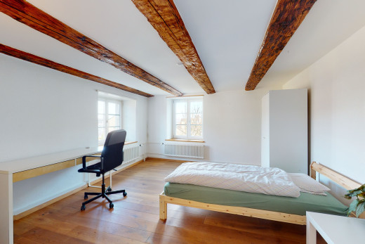 chambre à coucher avec poutres apparentes, lumière naturelle, parquet, et radiateur