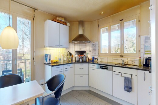 cuisine avec hotte, dark countertops, plans de travail, pendant lighting, et éclairage suspendu