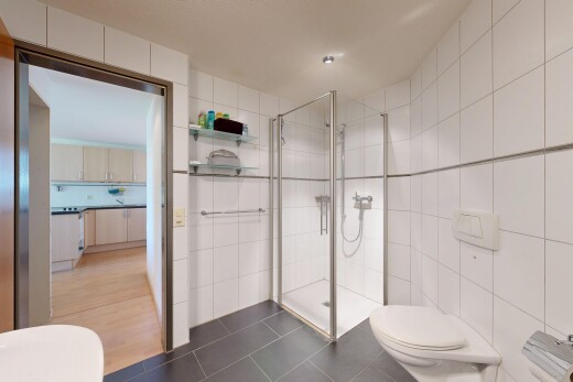 bad mit fliesenwand, tile wall, fliesenboden, tile floor, und dusche