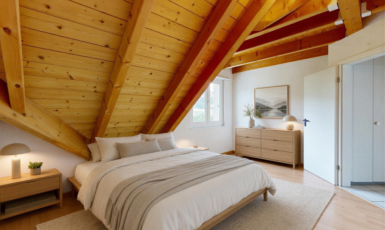 chambre avec vaulted ceiling, plafond voûté, inside property, beamed ceiling, et plafond à poutres