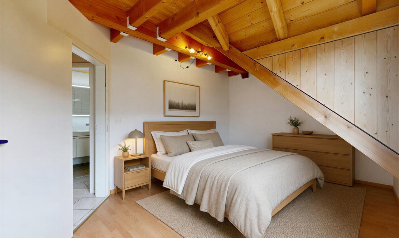 chambre avec inside property, drywall, cloison sèche, beamed ceiling, et plafond à poutres