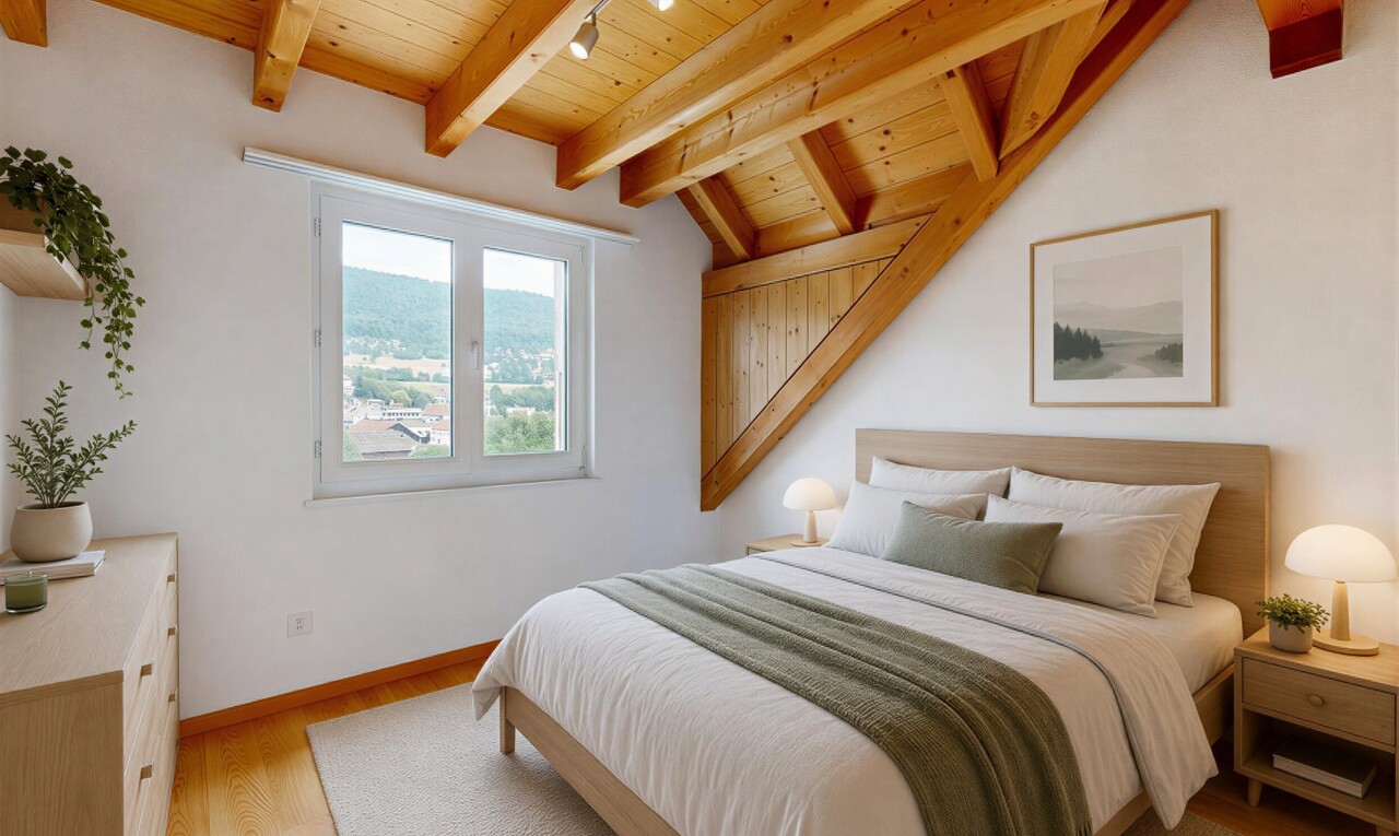 chambre avec éclairage sur rail, vaulted ceiling, plafond voûté, inside property, et beamed ceiling