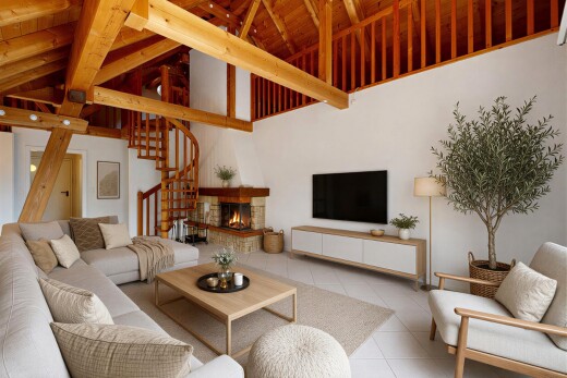 living room with a warm lit fireplace, light tile patterned floors, and a high wooden beamed ceiling