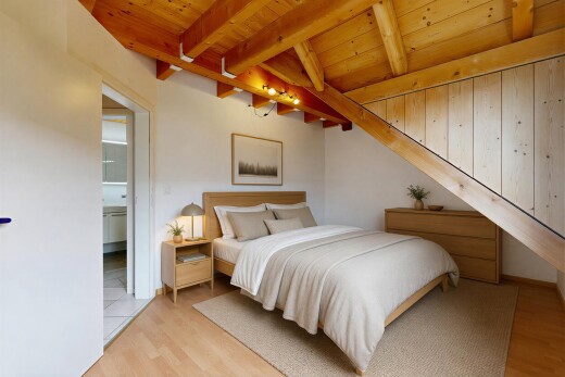 chambre avec inside property, drywall, cloison sèche, beamed ceiling, et plafond à poutres