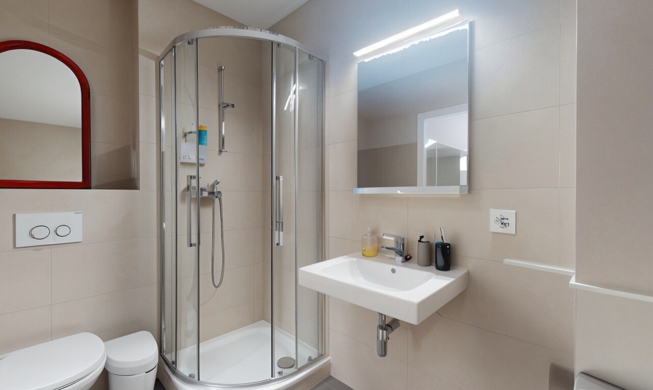 salle de bains avec mur en carrelage, tile wall, miroir, toilette, et douche