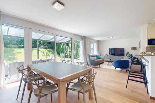 salon / salle à manger avec télévision, inside property, lumière naturelle, natural light, et sol en finition bois