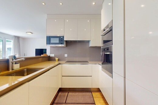 küche mit schränke mit flachen paneelen, fernseher, waschbecken, mikrowelle, und weiße schränke