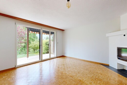 pièce vide avec cheminée, sol en finition bois, wood finish floor, cloison sèche, et drywall