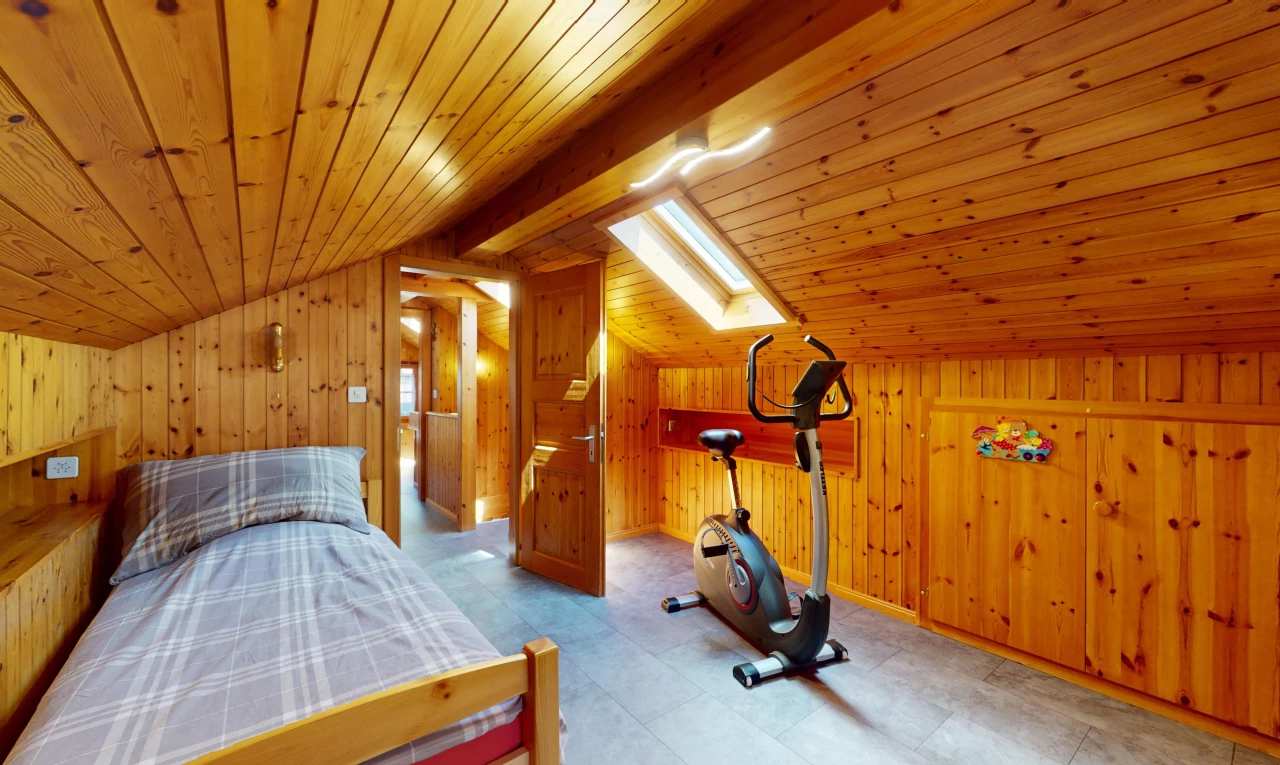 gym avec lucarne, plafond voûté, mur en bois, et plafond de bois