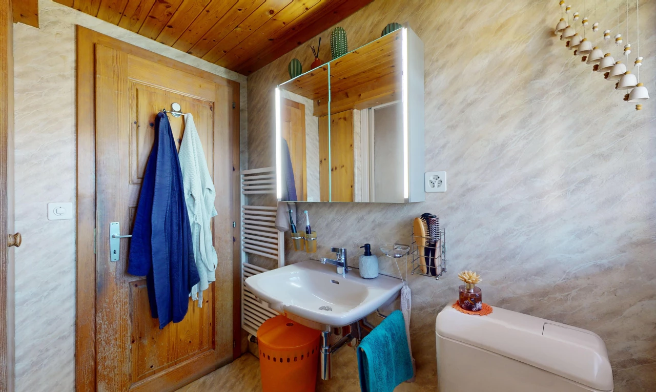 salle de bains avec toilettes, vasque, et miroir