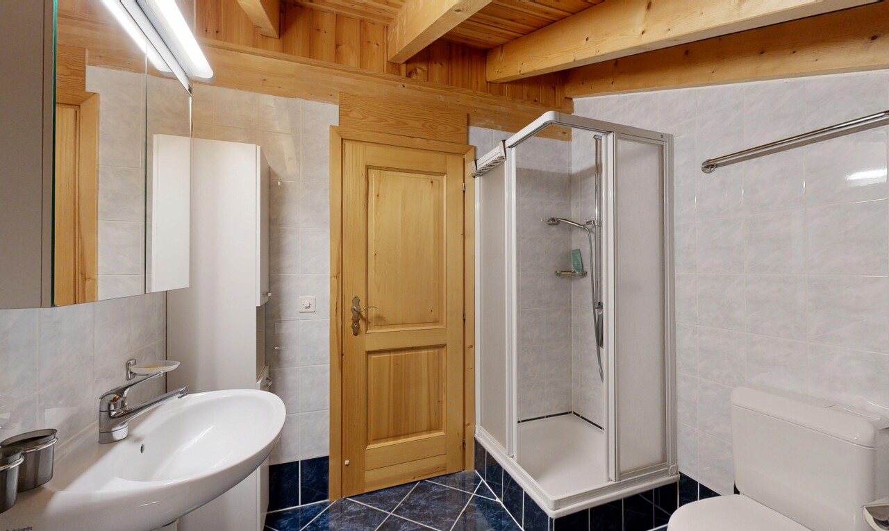 salle de bains avec douche, tile wall, mur en carrelage, salle de bain complète, et évier