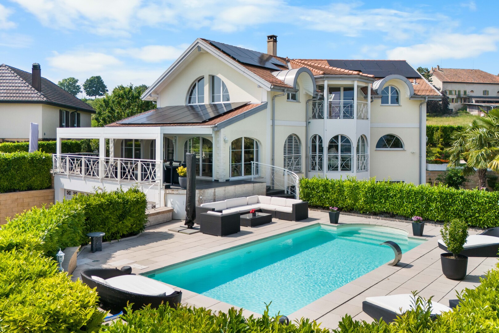outdoor pool featuring an outdoor living space and a patio