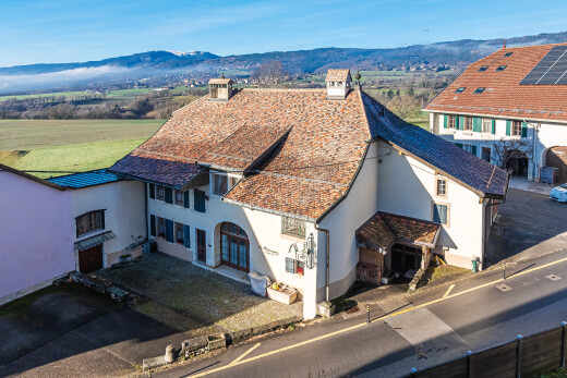 façade avec bardage en stuc, vue sur la montagne, mountain view, cheminée, et day time