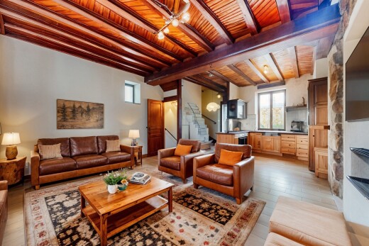 salon avec plafond de bois, lumière naturelle, et poutres apparentes