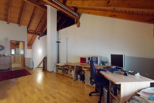 büro mit fernseher, wood ceiling, holzdecke, beamed ceiling, und balkendecke