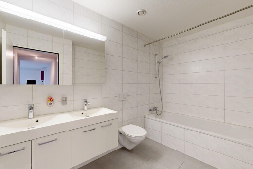 bad mit fliesenwand, tile wall, komplettes badezimmer, doppelwaschtisch, und kombiniertes bad / dusche