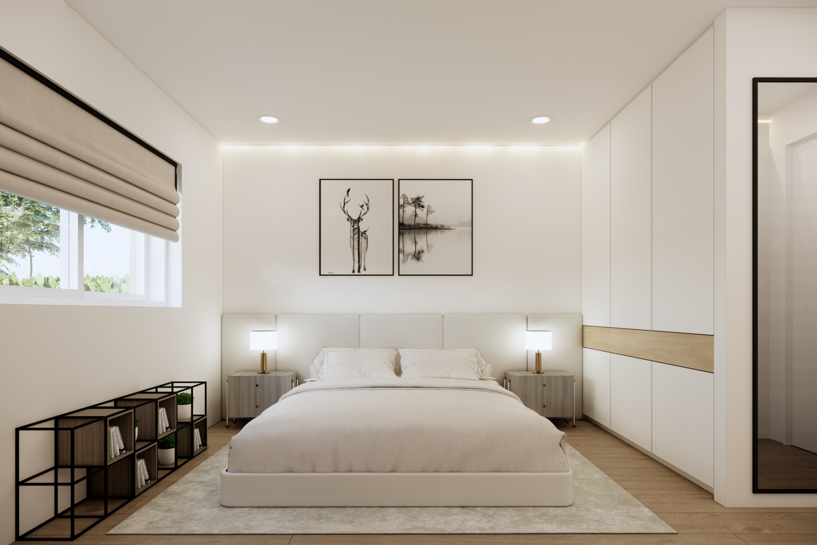 chambre avec éclairage encastré, wood finish floor, sol en finition bois, drywall, et cloison sèche